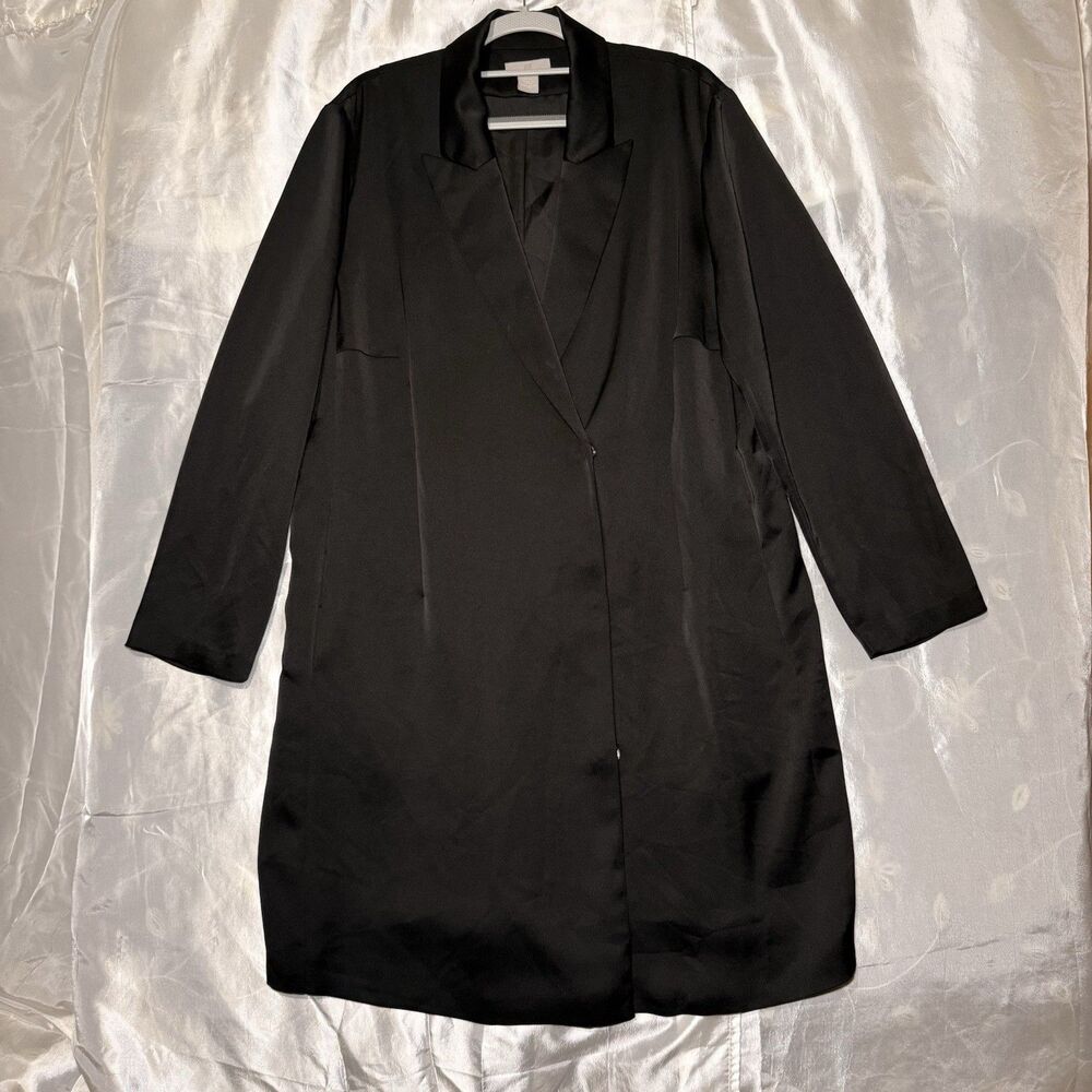H&M Women's Black Satin Trench Coat Wrap Duster Jacket Minimalist Y2K SZ XL